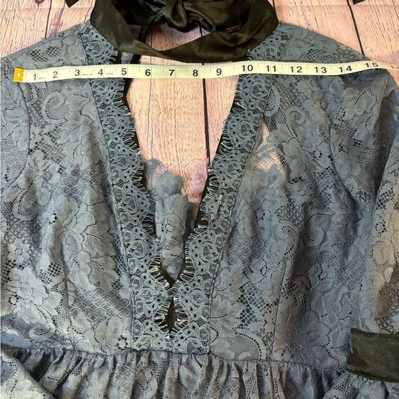 Free People Gilded Victorian Dusty Blue Black Satin Ribbon Trim Lace Dress S - Picture 13 of 16
